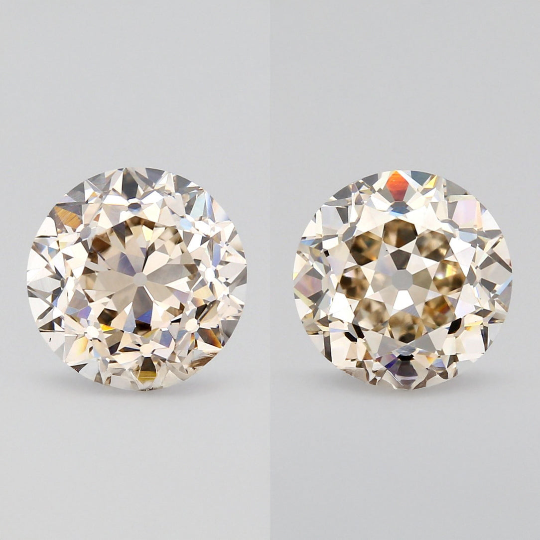 2.52cttw | Light Brown VVS Round Shape Old European Cut Diamond Matched Pair - Modern Rustic Diamond