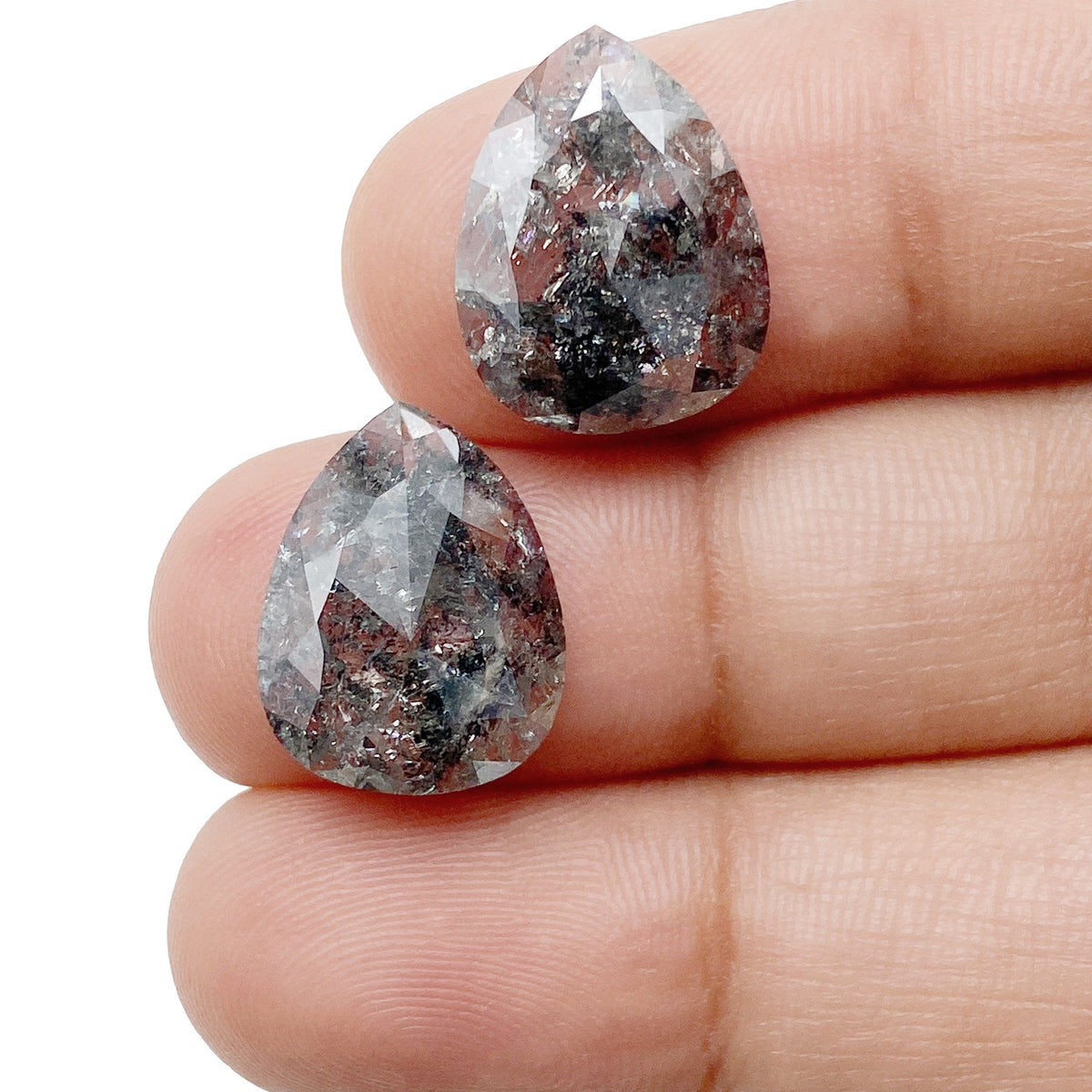 8.94cttw | Salt &amp; Pepper Pear Shape Rose Cut Diamond Matched Pair - Modern Rustic Diamond