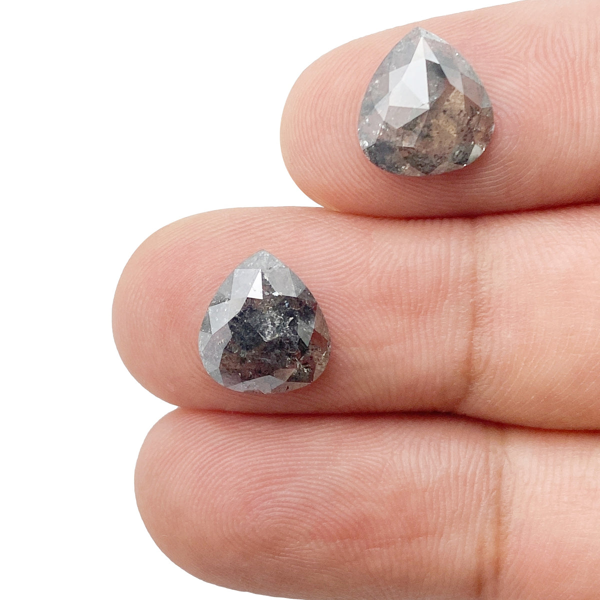 4.00cttw | Salt &amp; Pepper Pear Shape Rose Cut Diamond Matched Pair - Modern Rustic Diamond