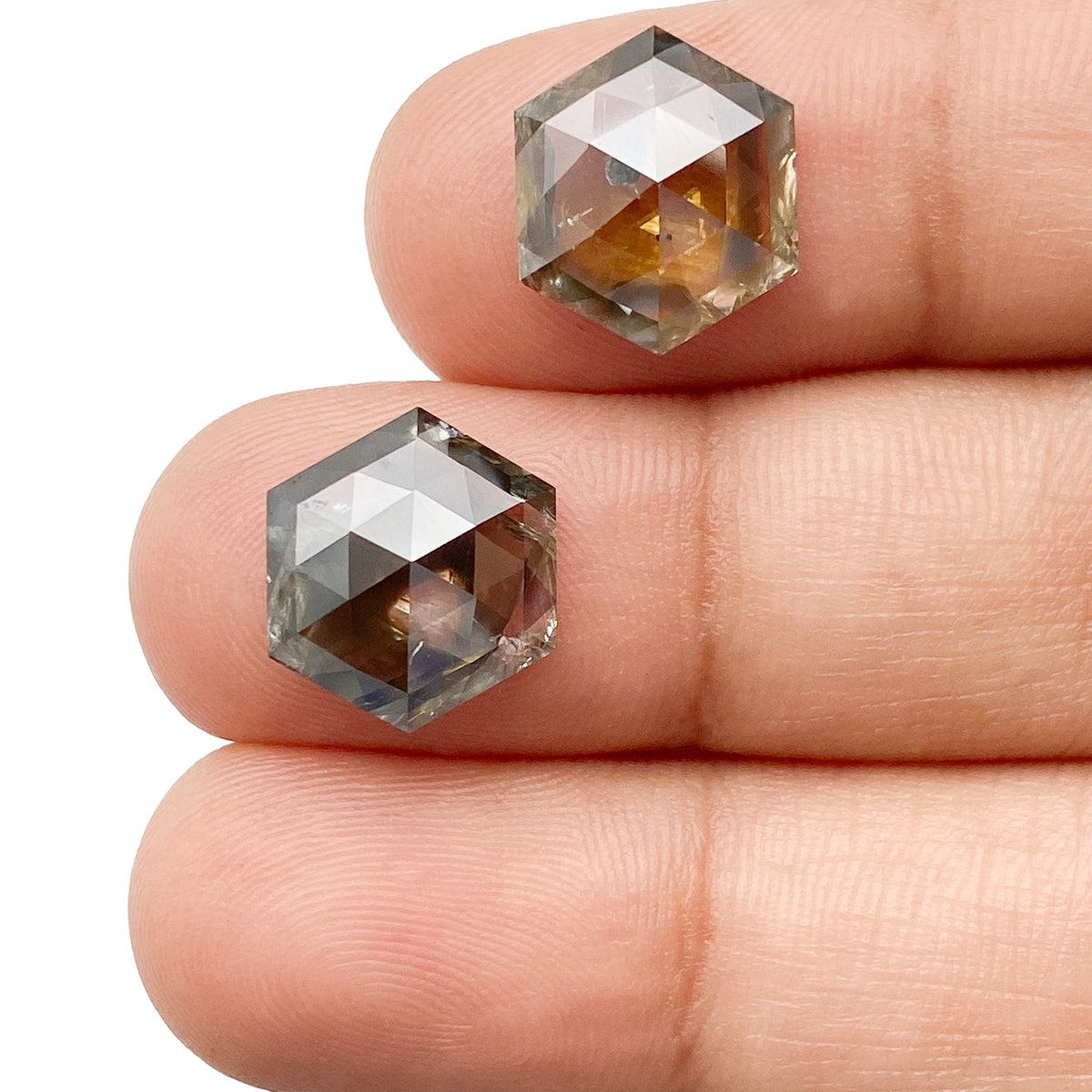 7.24cttw | Salt &amp; Pepper Hexagon Shape Rose Cut Diamond Matched Pair - Modern Rustic Diamond