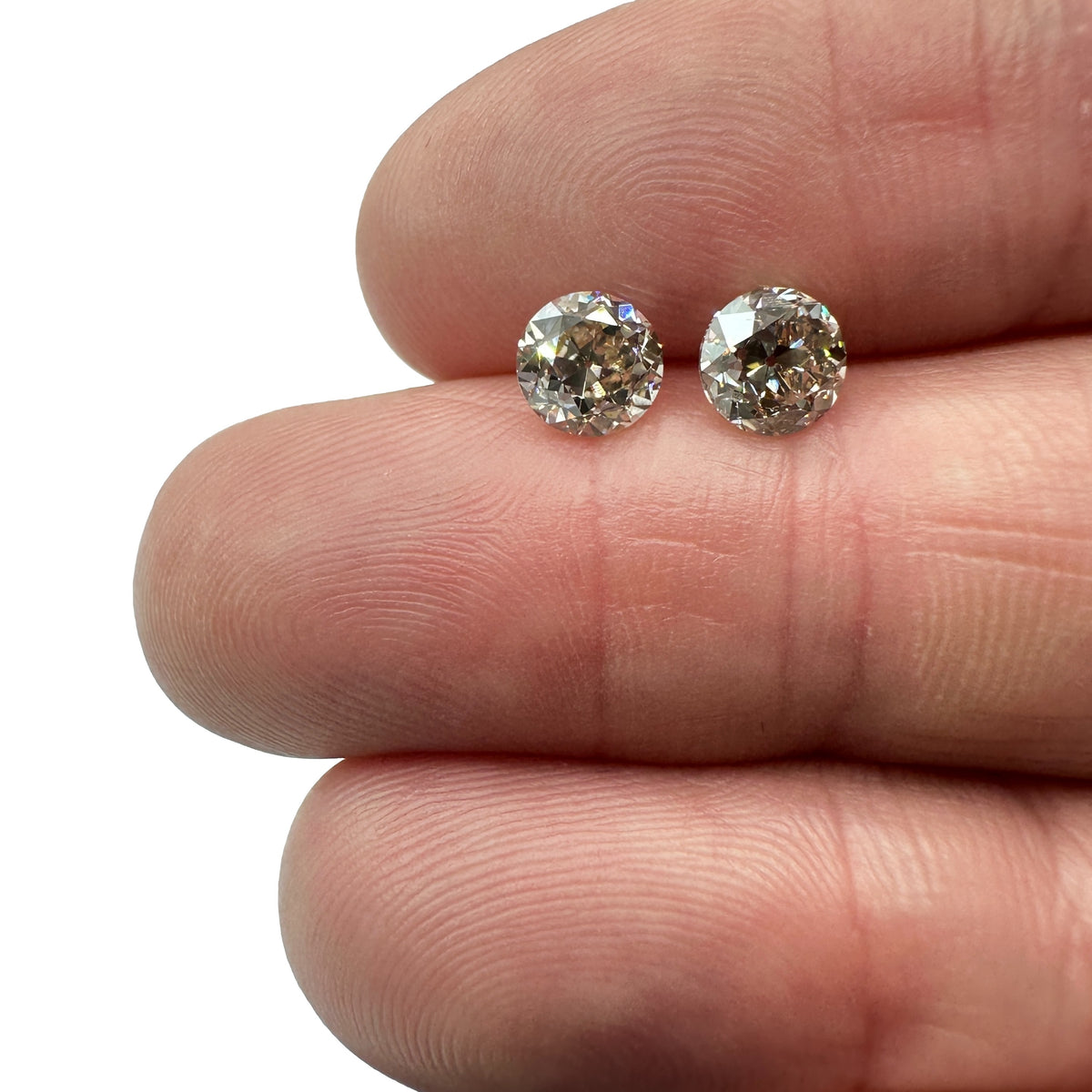 2.03cttw | Light Brown VS Round Shape Old European Cut Diamond Matched Pair - Modern Rustic Diamond