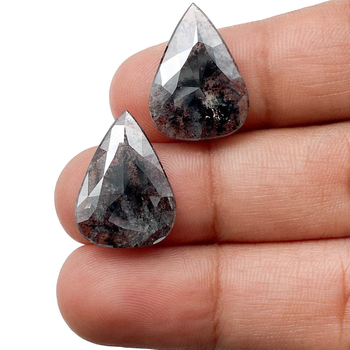 7.88cttw | Salt &amp; Pepper Pear Shape Rose Cut Diamond Matched Pair - Modern Rustic Diamond