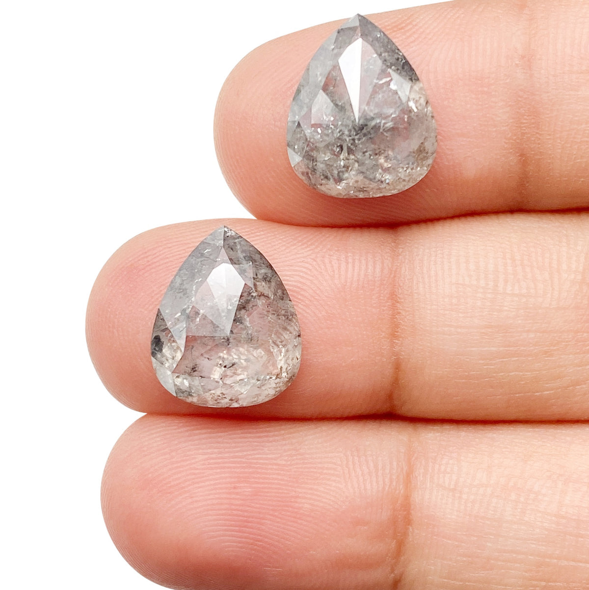 6.44cttw | Salt &amp; Pepper Pear Shape Rose Cut Diamond Matched Pair - Modern Rustic Diamond